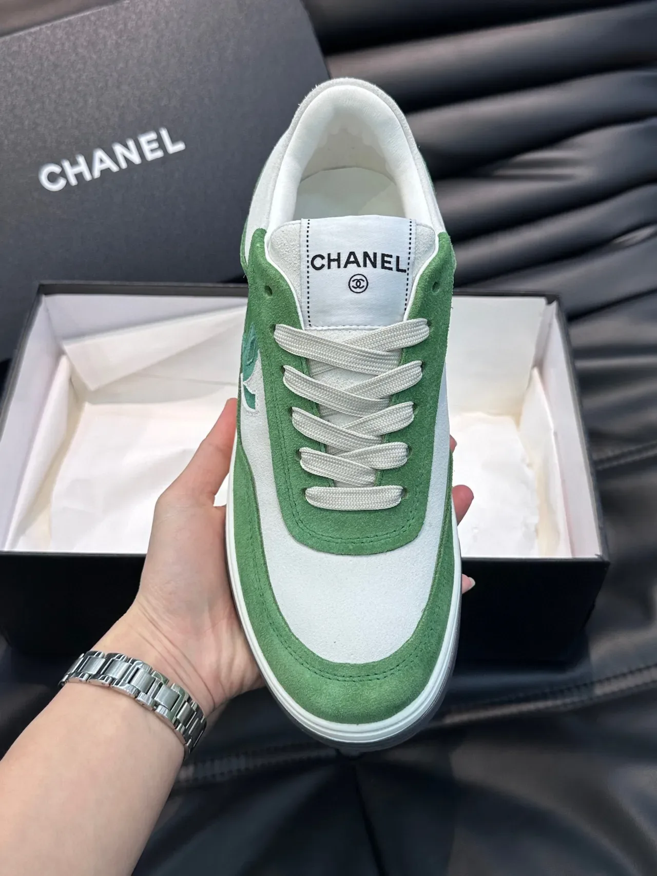 Chanel Lifestyle Sneaker Green White Low-Top Suede-and-Leather Panelled Lifestyle Sneakers 5