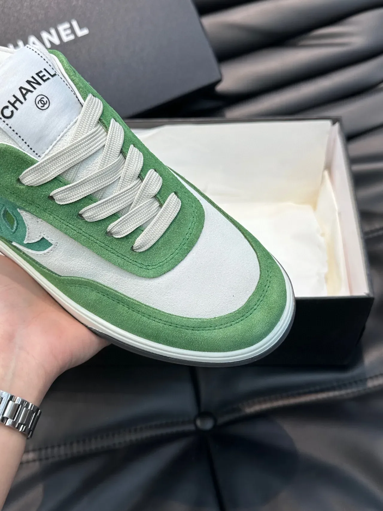 Chanel Lifestyle Sneaker Green White Low-Top Suede-and-Leather Panelled Lifestyle Sneakers 8