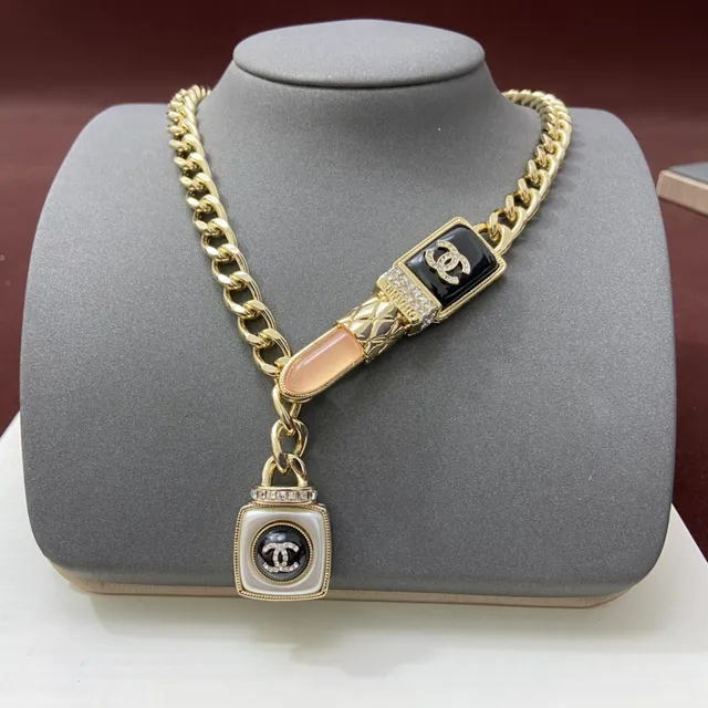 Chanel Lipstick Pendant Gold Black Curb Chain Enamel Pendants Necklace 4