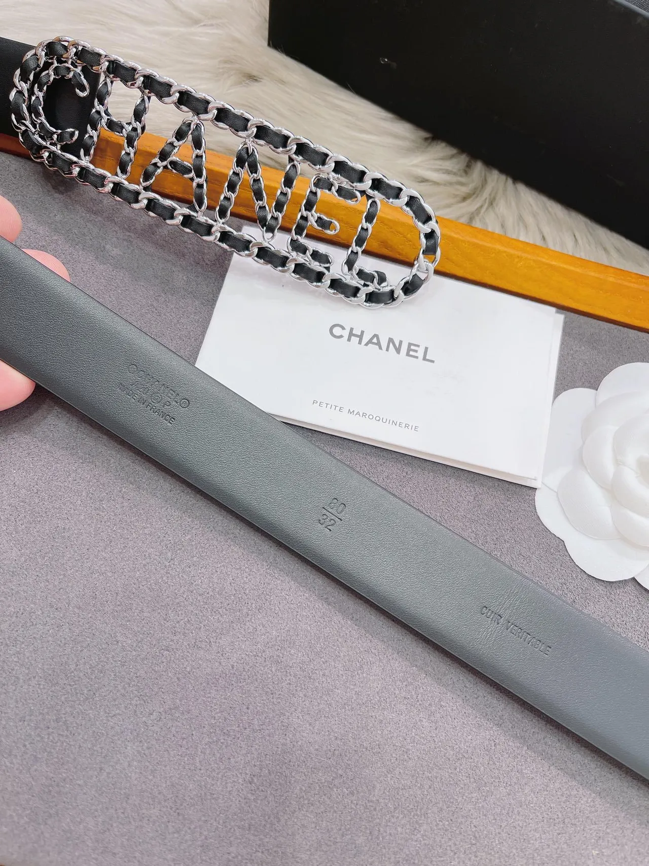 Chanel Logo Chain Belt Black Silver Buckle Strap Leather Belt 3