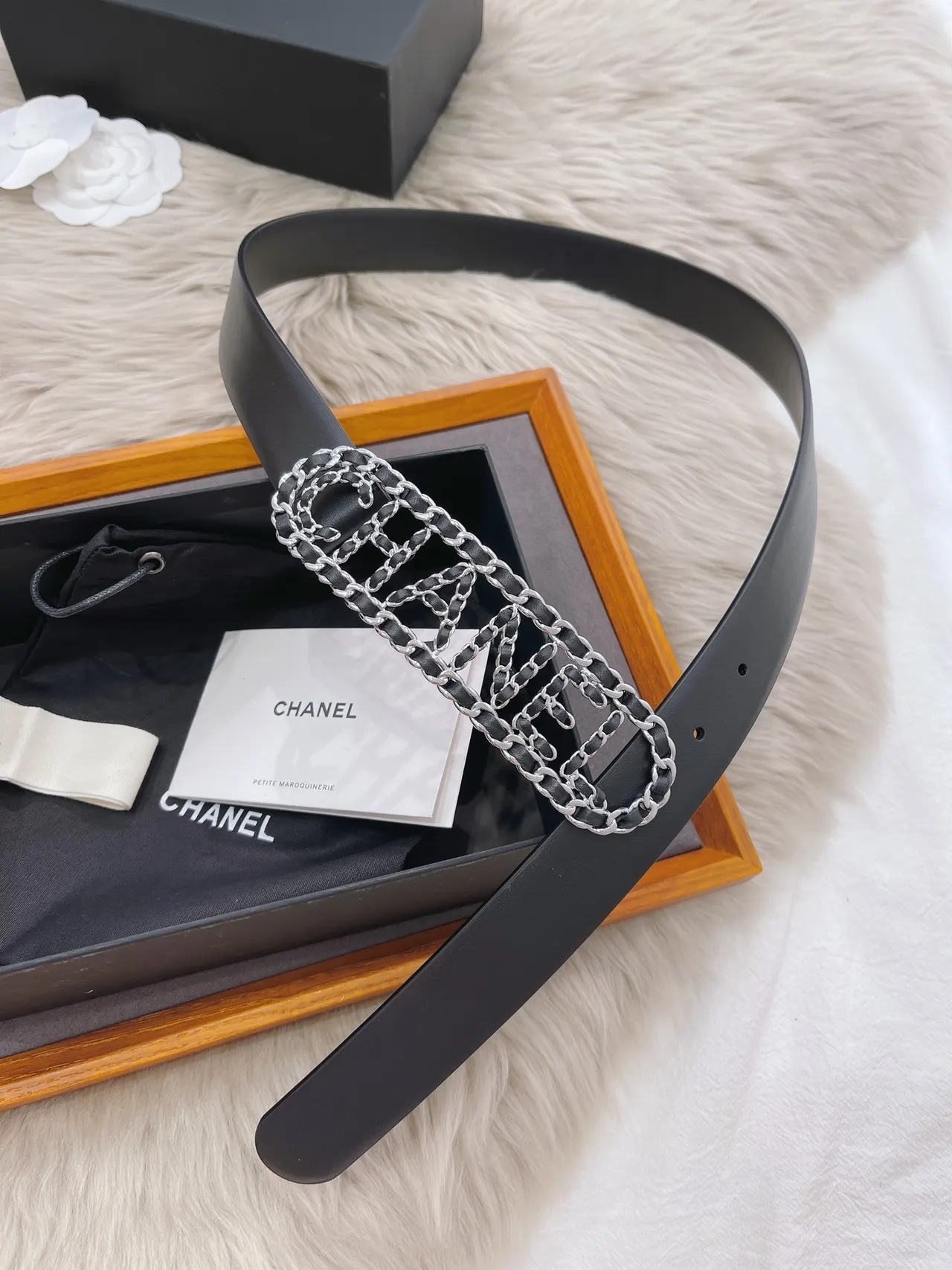 Chanel Logo Chain Belt Black Silver Buckle Strap Leather Belt 5