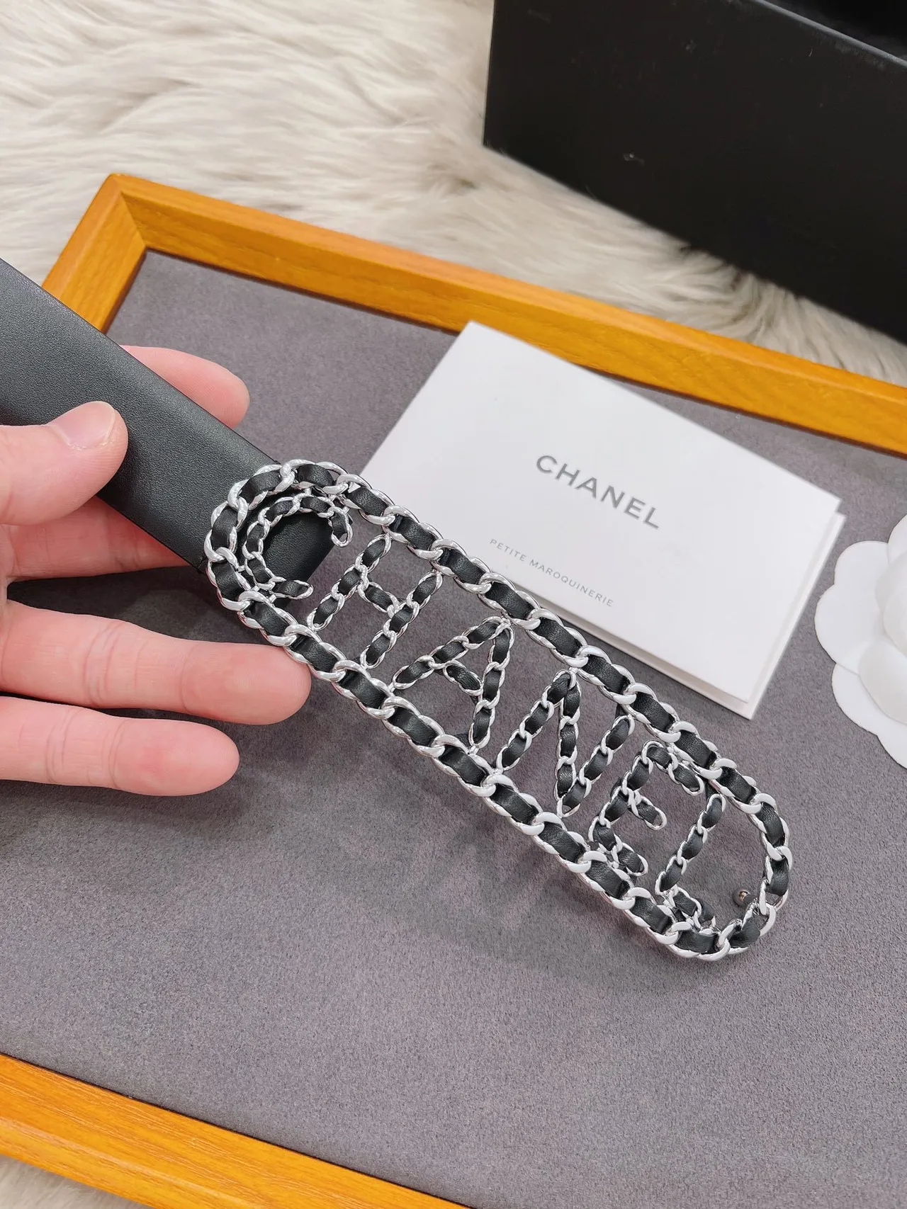 Chanel Logo Chain Belt Black Silver Buckle Strap Leather Belt 7