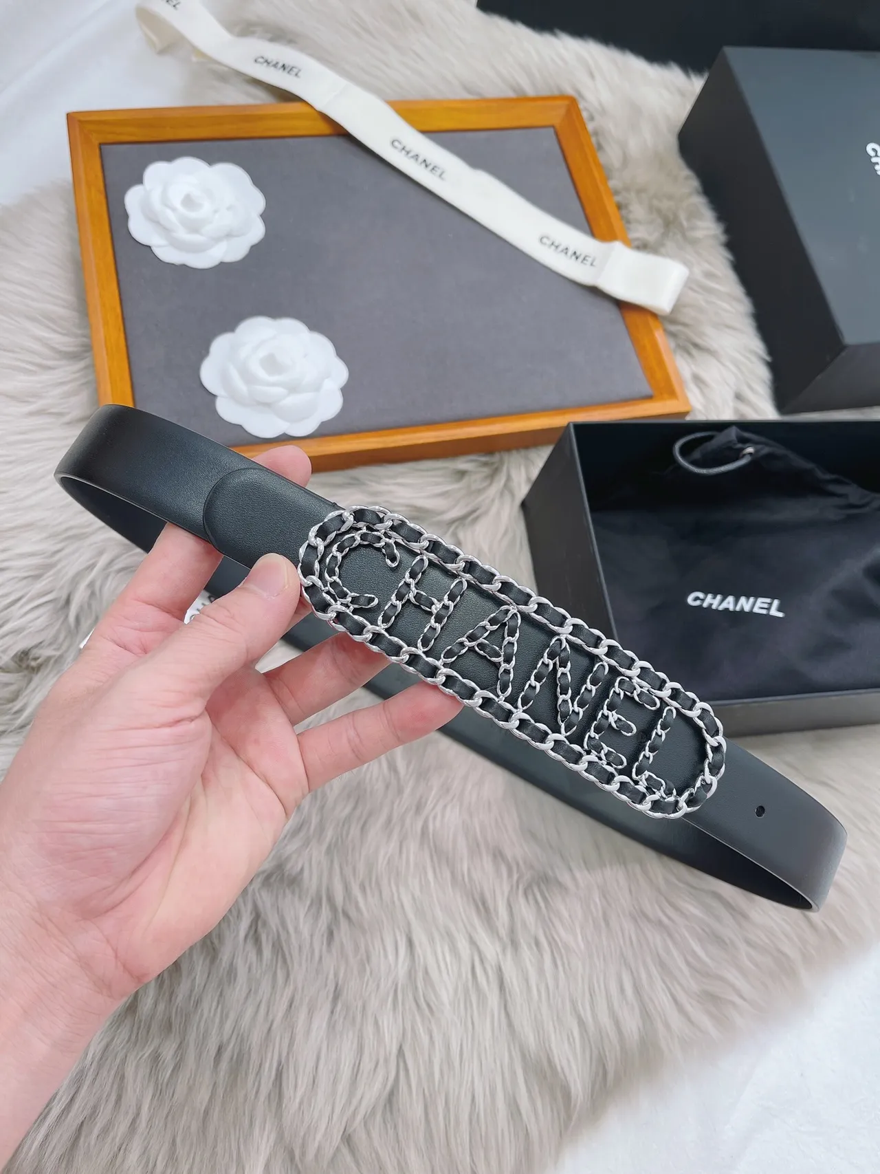 Chanel Logo Chain Belt Black Silver Buckle Strap Leather Belt 8