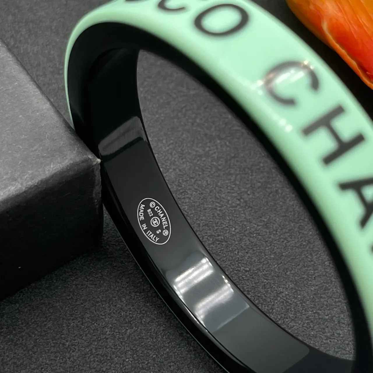 Chanel Logo-Print Mint Green and Black Bangle Bracelet 3