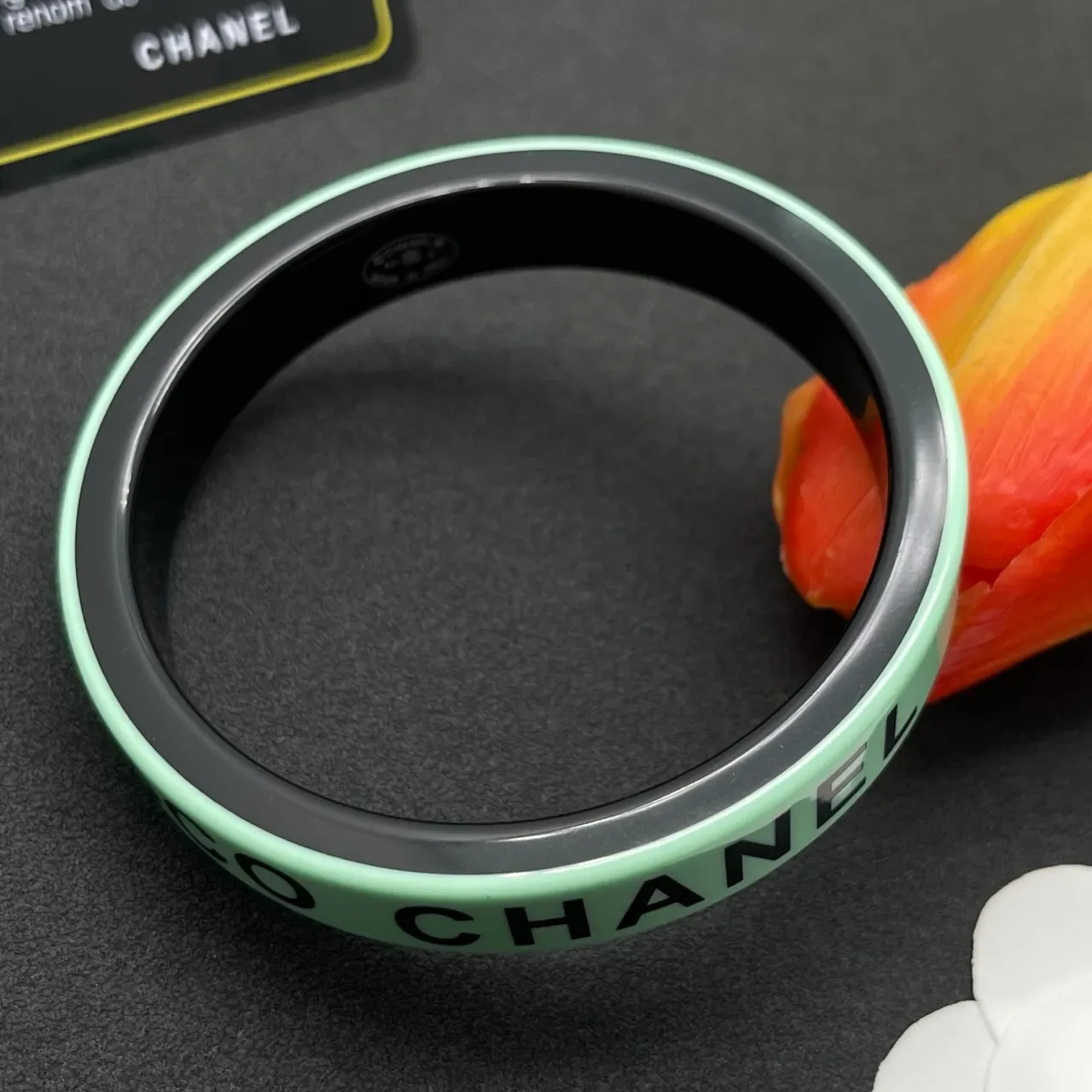 Chanel Logo-Print Mint Green and Black Bangle Bracelet 4
