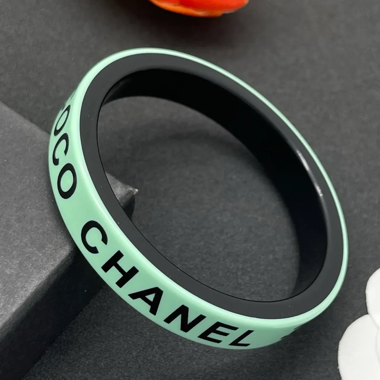 Chanel Logo-Print Mint Green and Black Bangle Bracelet 5
