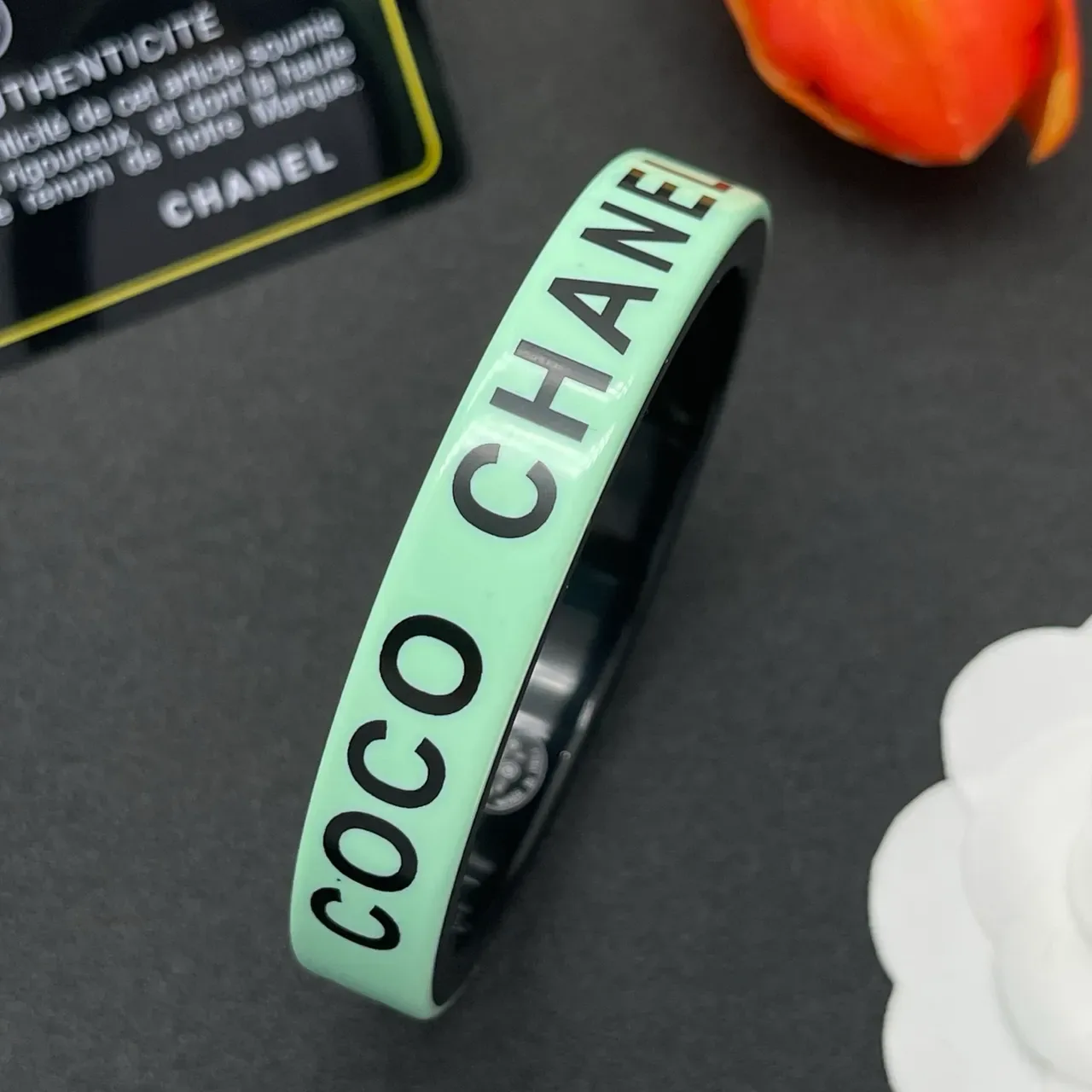 Chanel Logo-Print Mint Green and Black Bangle Bracelet 6
