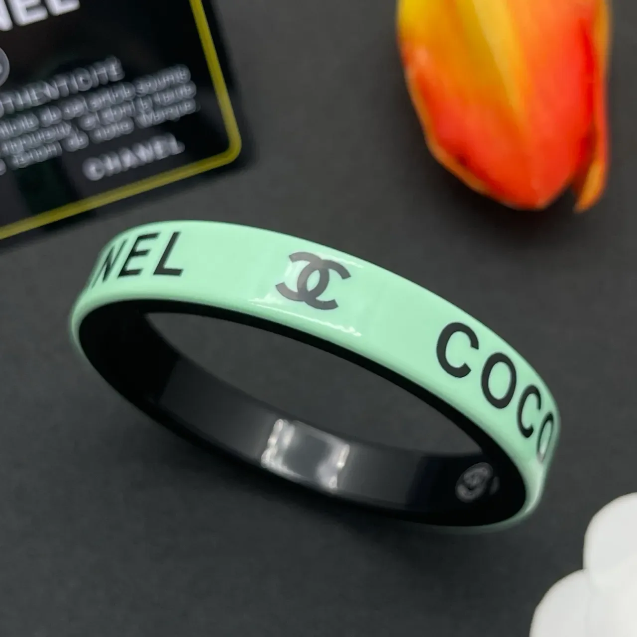 Chanel Logo-Print Mint Green and Black Bangle Bracelet 7
