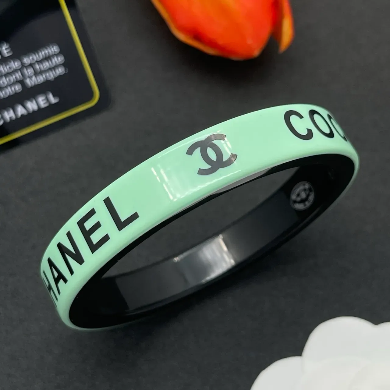 Chanel Logo-Print Mint Green and Black Bangle Bracelet 8
