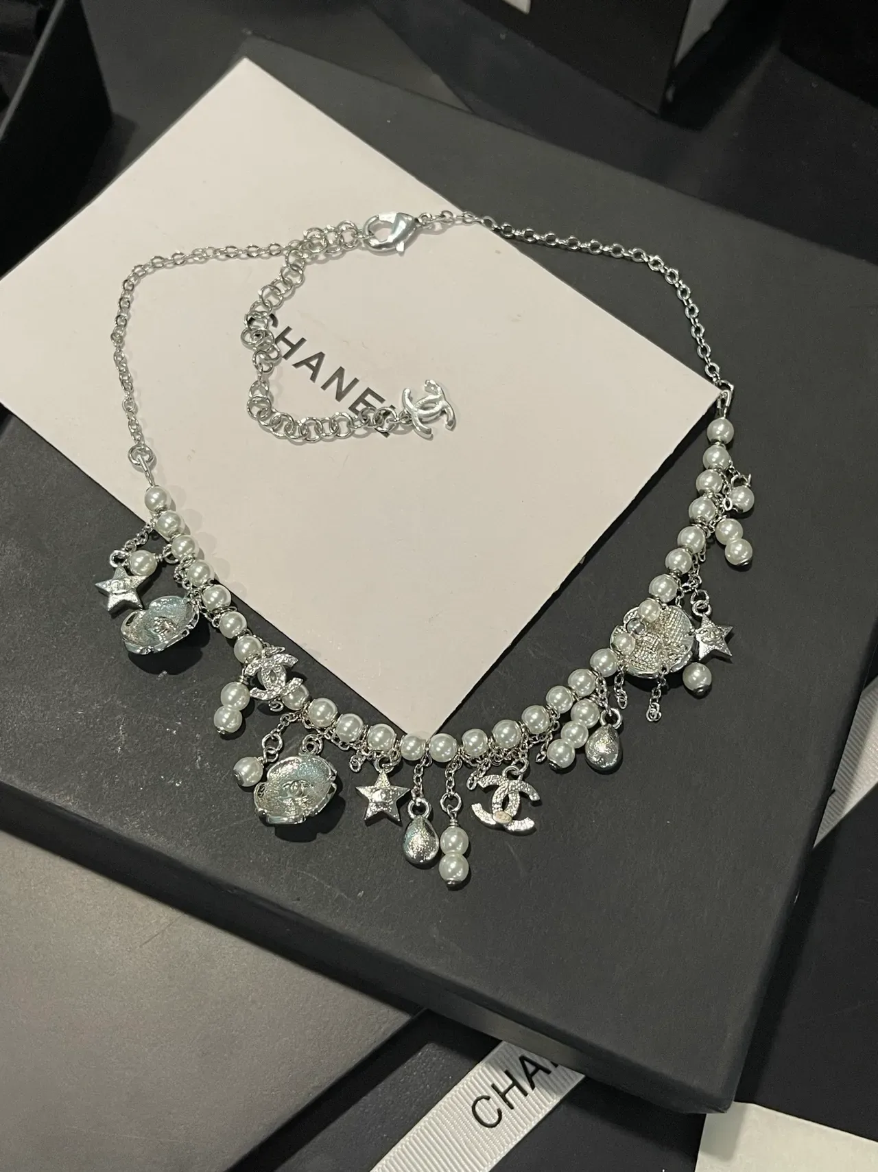 Chanel Multi-Charm Pearl and CC Logo Silver Necklace 2