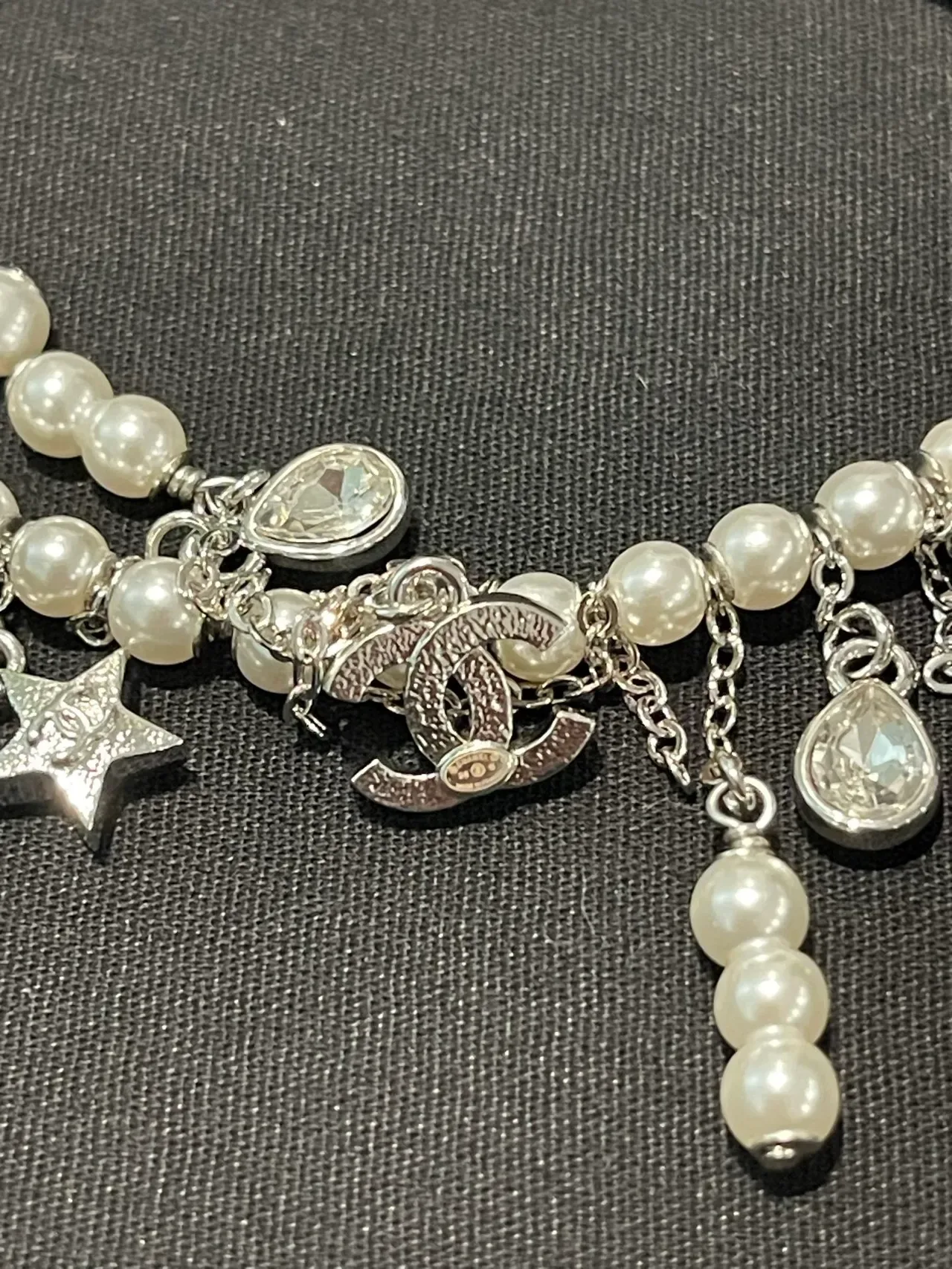 Chanel Multi-Charm Pearl and CC Logo Silver Necklace 3
