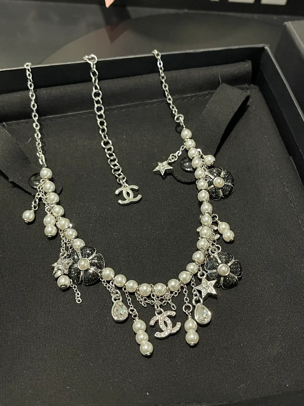 Chanel Multi-Charm Pearl and CC Logo Silver Necklace 5