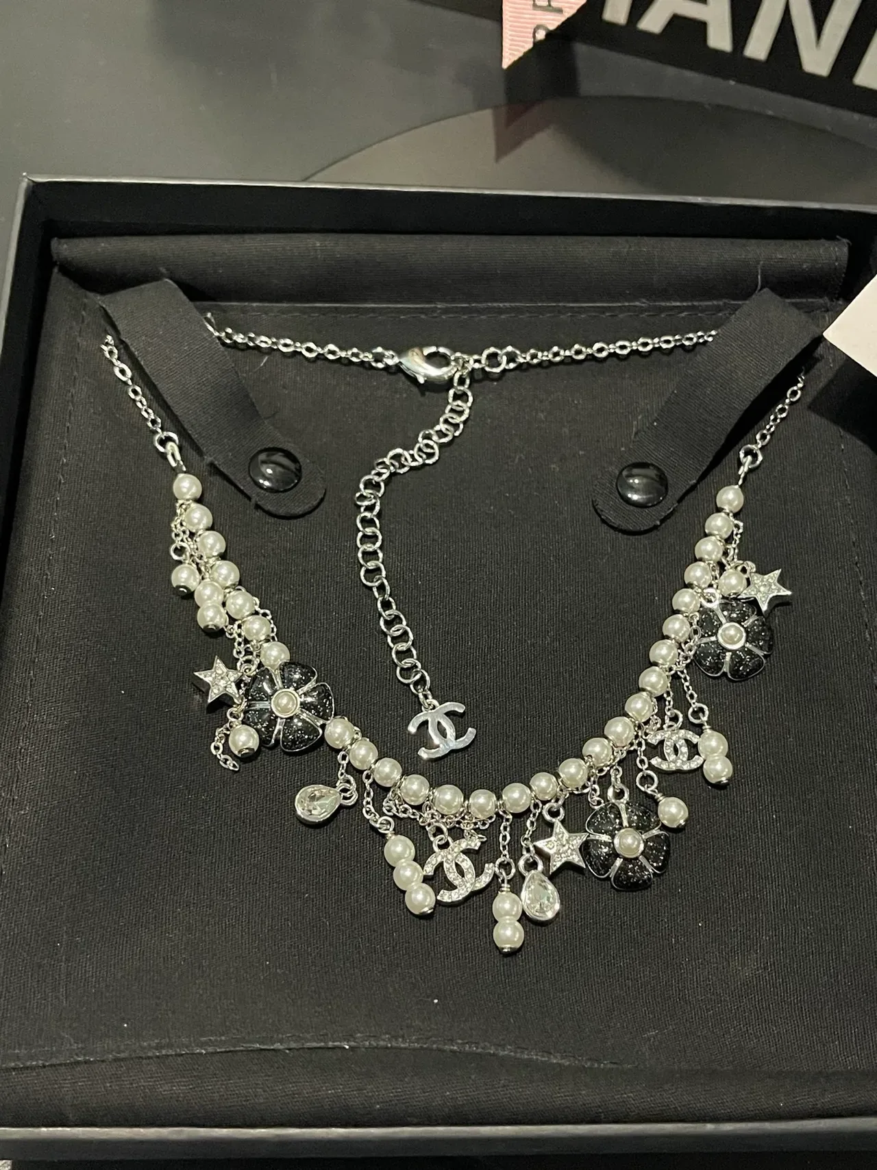 Chanel Multi-Charm Pearl and CC Logo Silver Necklace 6