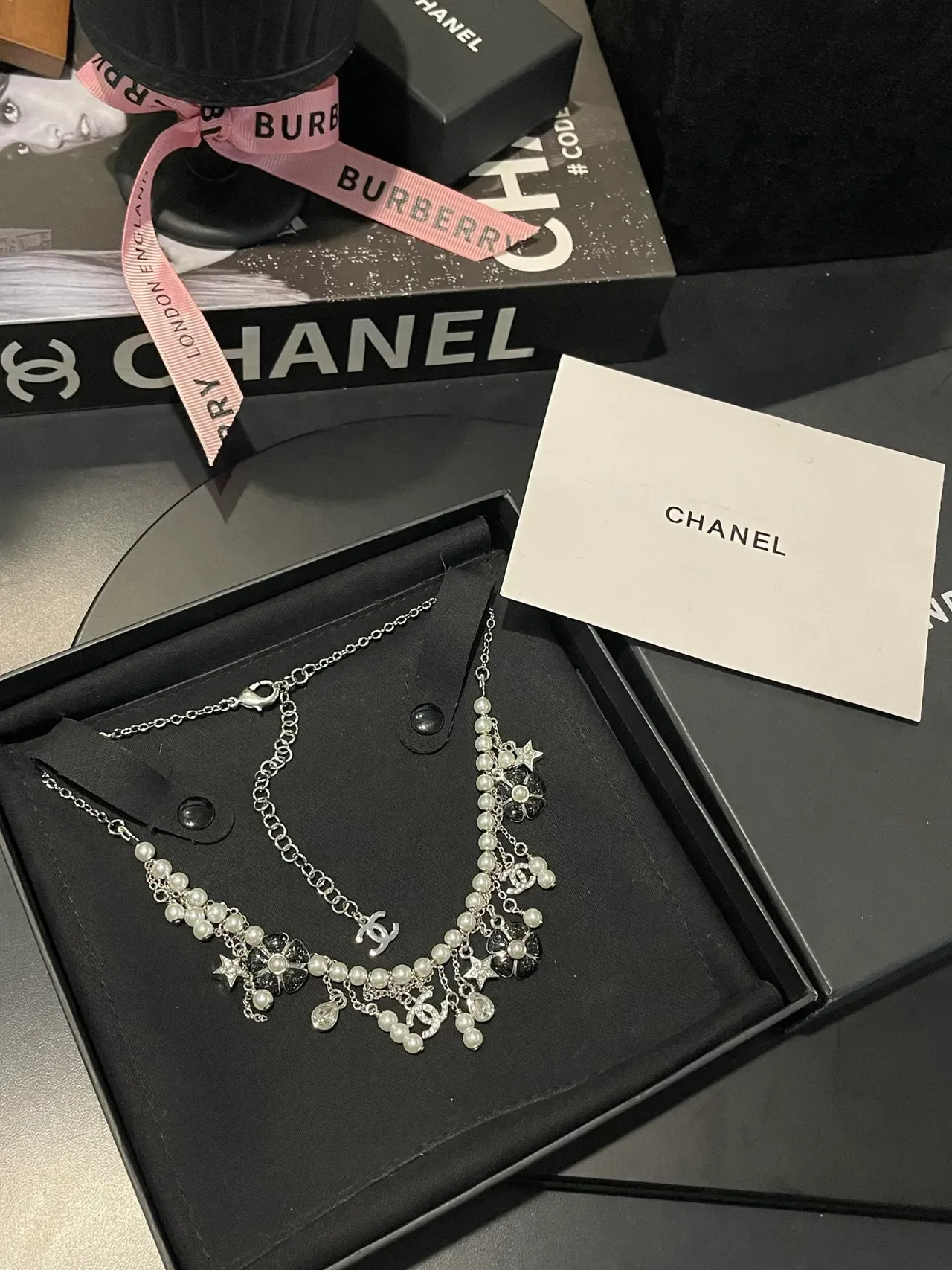 Chanel Multi-Charm Pearl and CC Logo Silver Necklace 7