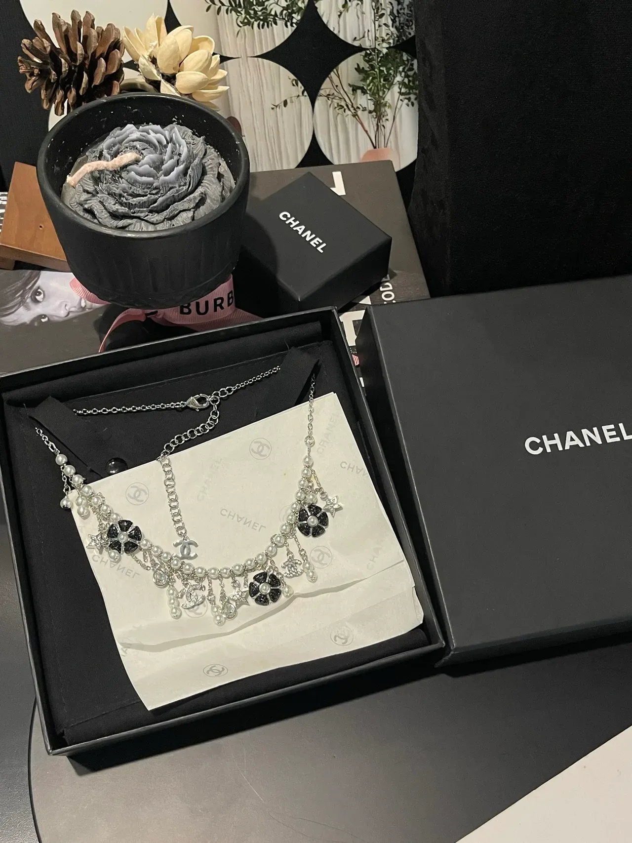 Chanel Multi-Charm Pearl and CC Logo Silver Necklace 9