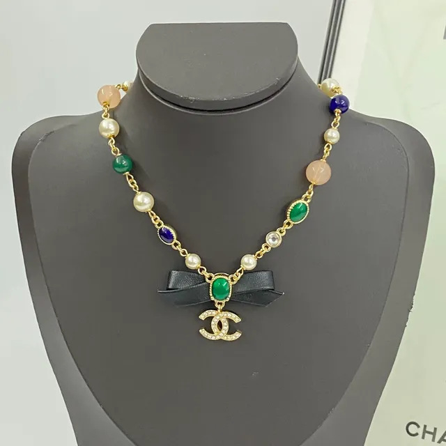 Chanel Multicolor Black Beaded Chain Leather Bow Accent Necklace 1