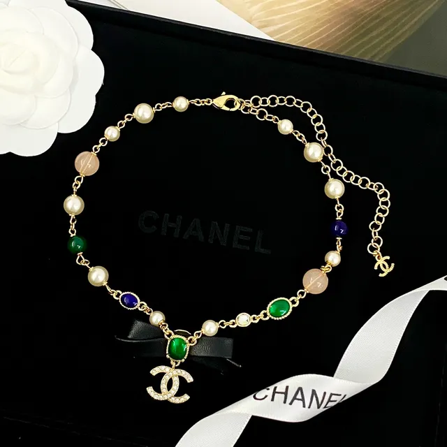 Chanel Multicolor Black Beaded Chain Leather Bow Accent Necklace 7