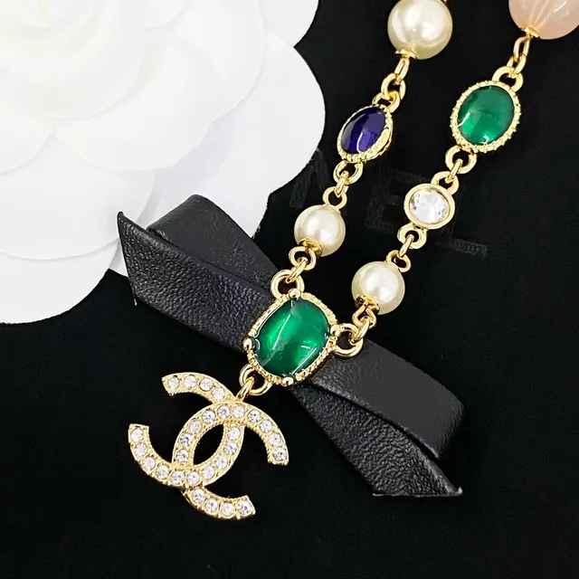 Chanel Multicolor Black Beaded Chain Leather Bow Accent Necklace 8