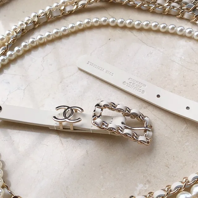 Chanel Ceinture de perles Beige Chaîne dorée double-fil et Chaîne sangle cuir marfil 2