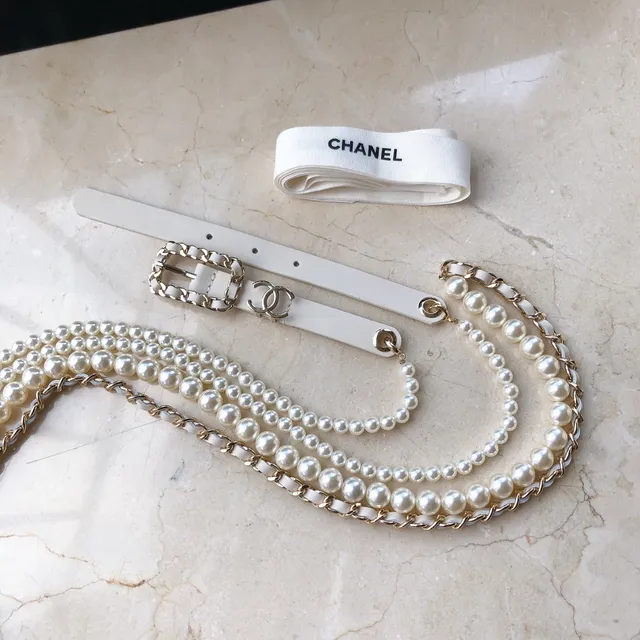 Chanel Ceinture de perles Beige Chaîne dorée double-fil et Chaîne sangle cuir marfil 3
