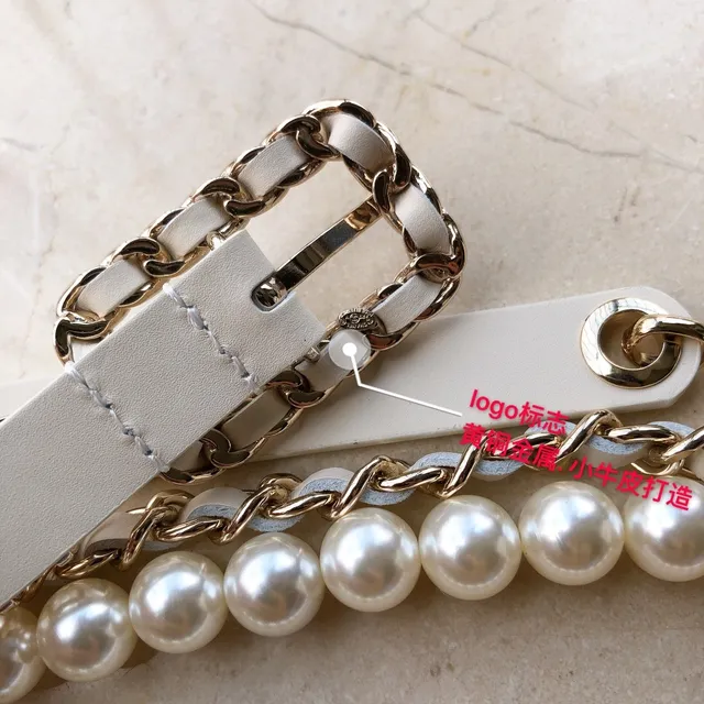 Chanel Ceinture de perles Beige Chaîne dorée double-fil et Chaîne sangle cuir marfil 4