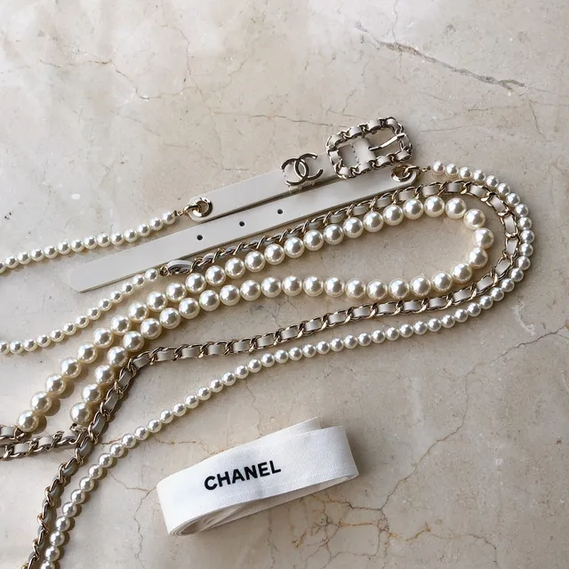 Chanel Ceinture de perles Beige Chaîne dorée double-fil et Chaîne sangle cuir marfil 5