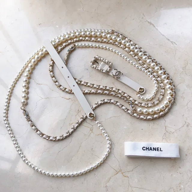 Chanel Ceinture de perles Beige Chaîne dorée double-fil et Chaîne sangle cuir marfil 6