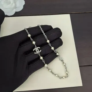 Chanel Pearl Necklace Silver Beige Chain Pavé-CC Pendant Necklace