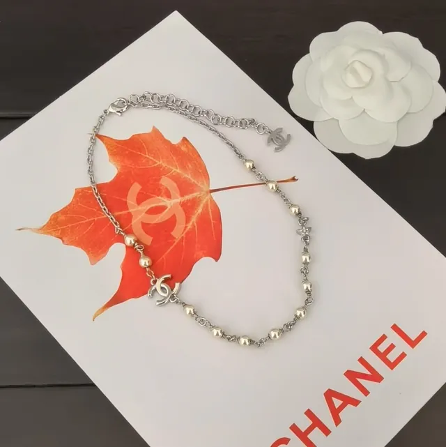 Collier Chanel perles chaîne argentée beige Pavé-CC pendentif collier 2