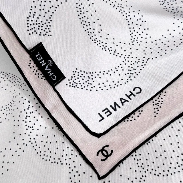 Chanel Pink and Black Dot-Patterned Camellia Silk Scarf 2