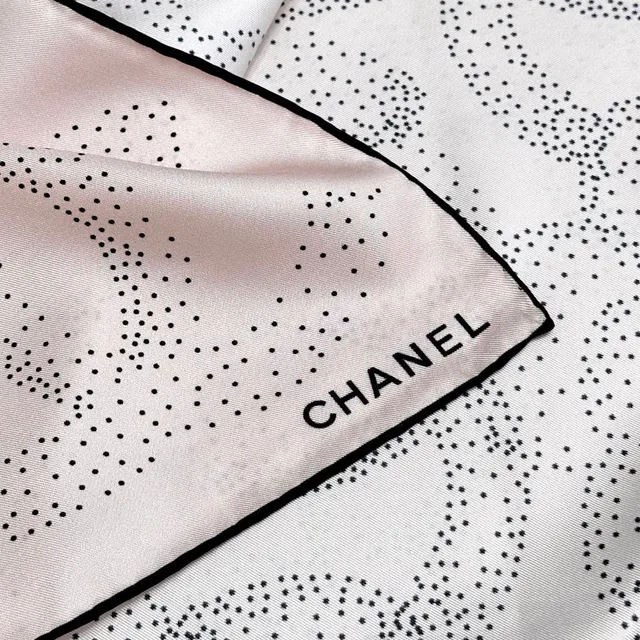 Chanel Pink and Black Dot-Patterned Camellia Silk Scarf 3