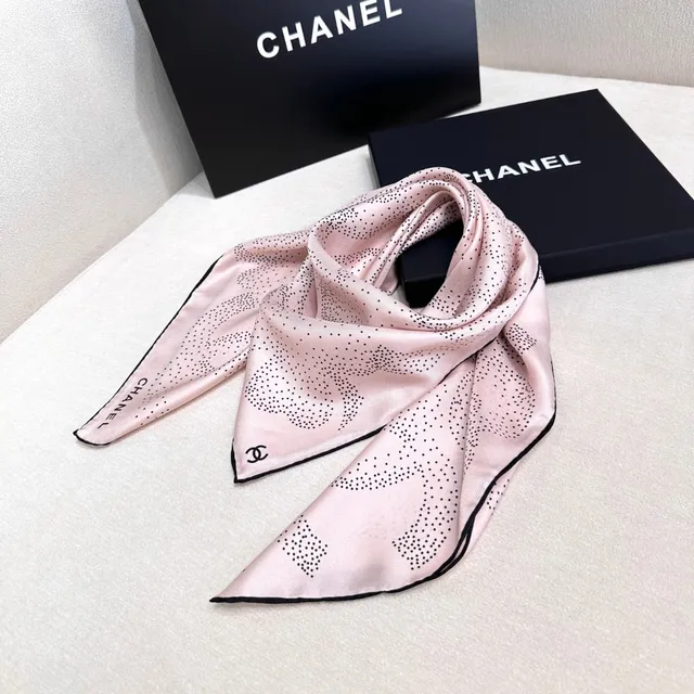 Chanel Pink and Black Dot-Patterned Camellia Silk Scarf 4