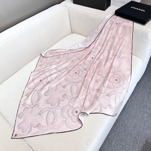 Chanel Pink and Black Dot-Patterned Camellia Silk Scarf 5