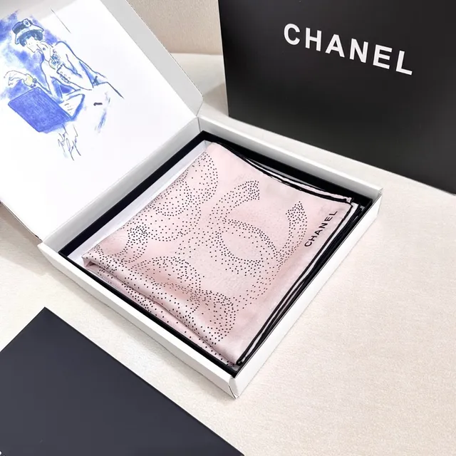 Chanel Pink and Black Dot-Patterned Camellia Silk Scarf 6