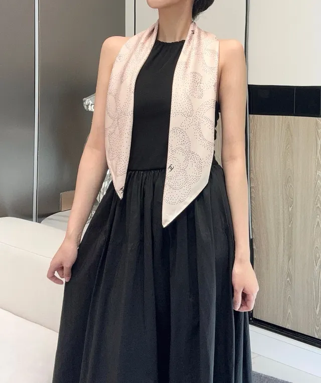 Chanel Pink and Black Dot-Patterned Camellia Silk Scarf 8