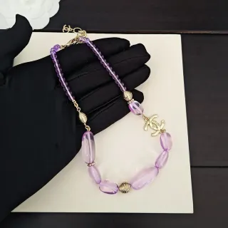 Chanel Purple Gold Beaded Faceted Oval Beads Necklace