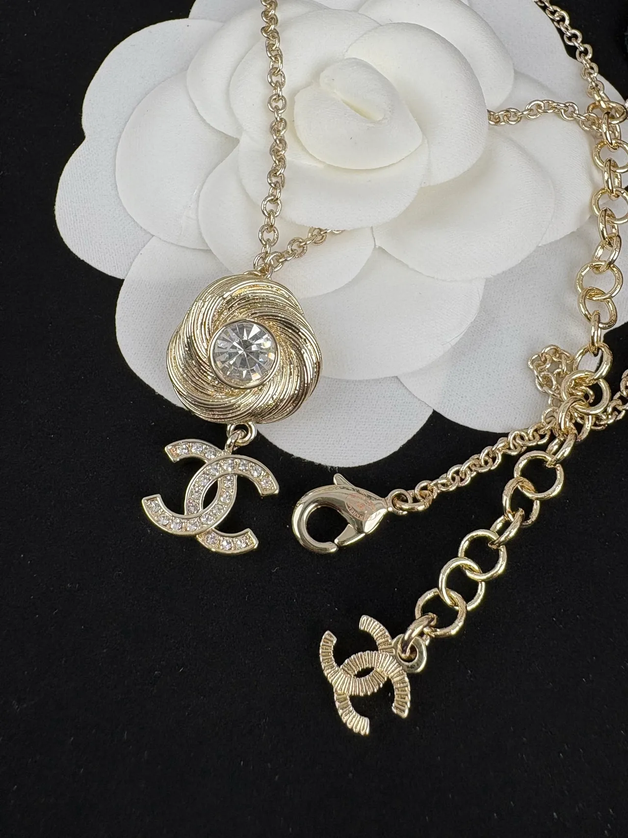 Chanel Rose Pendant Gold Transparent Chain Swirling Necklace 3