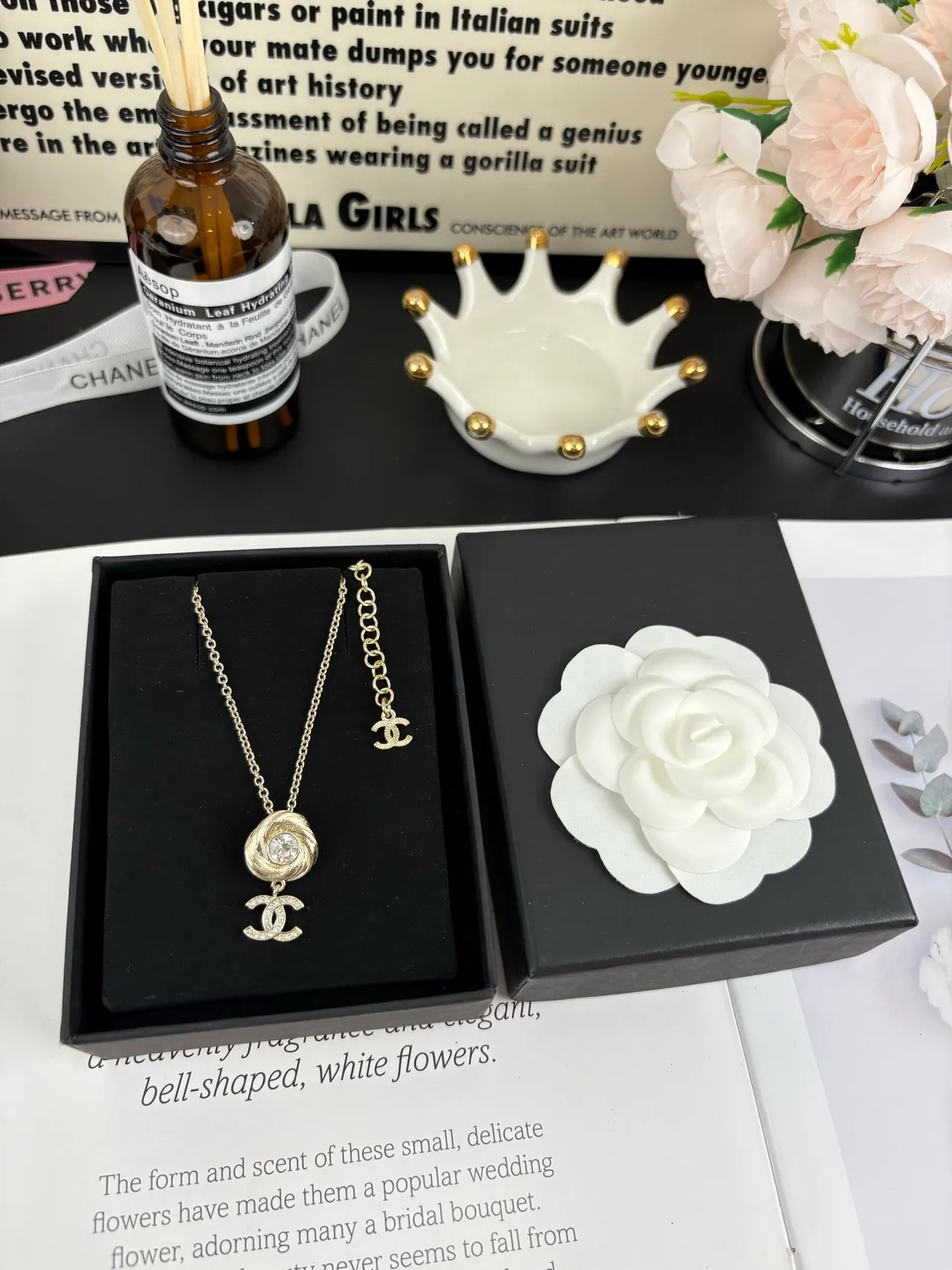 Chanel Rose Pendant Gold Transparent Chain Swirling Necklace 5
