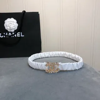 Chanel Ruched Belt White Gold Fabric Crystal-Embellished Interlocking CC Buckle Leather Belt