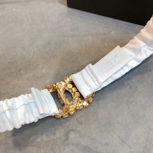 Chanel Ruched Belt White Gold Fabric Crystal-Embellished Interlocking CC Buckle Leather Belt 5