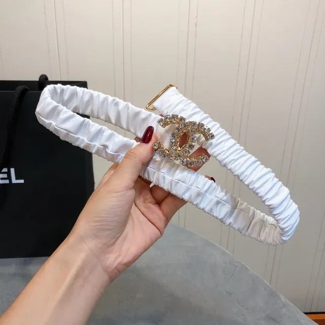 Chanel Ruched Belt White Gold Fabric Crystal-Embellished Interlocking CC Buckle Leather Belt 6