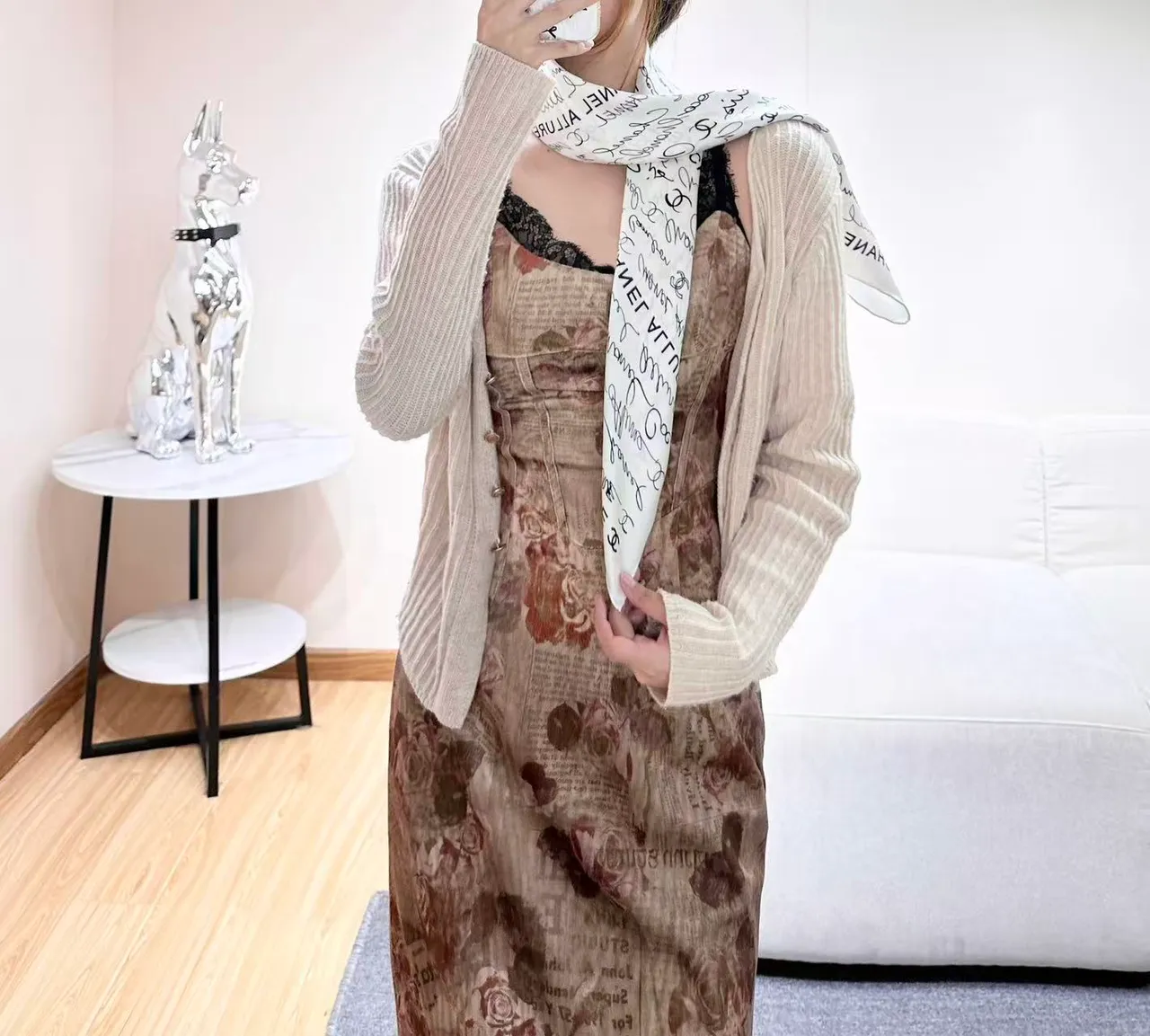 Chanel Script Print Beige Floral Sheer Overlay Casual Dress 9