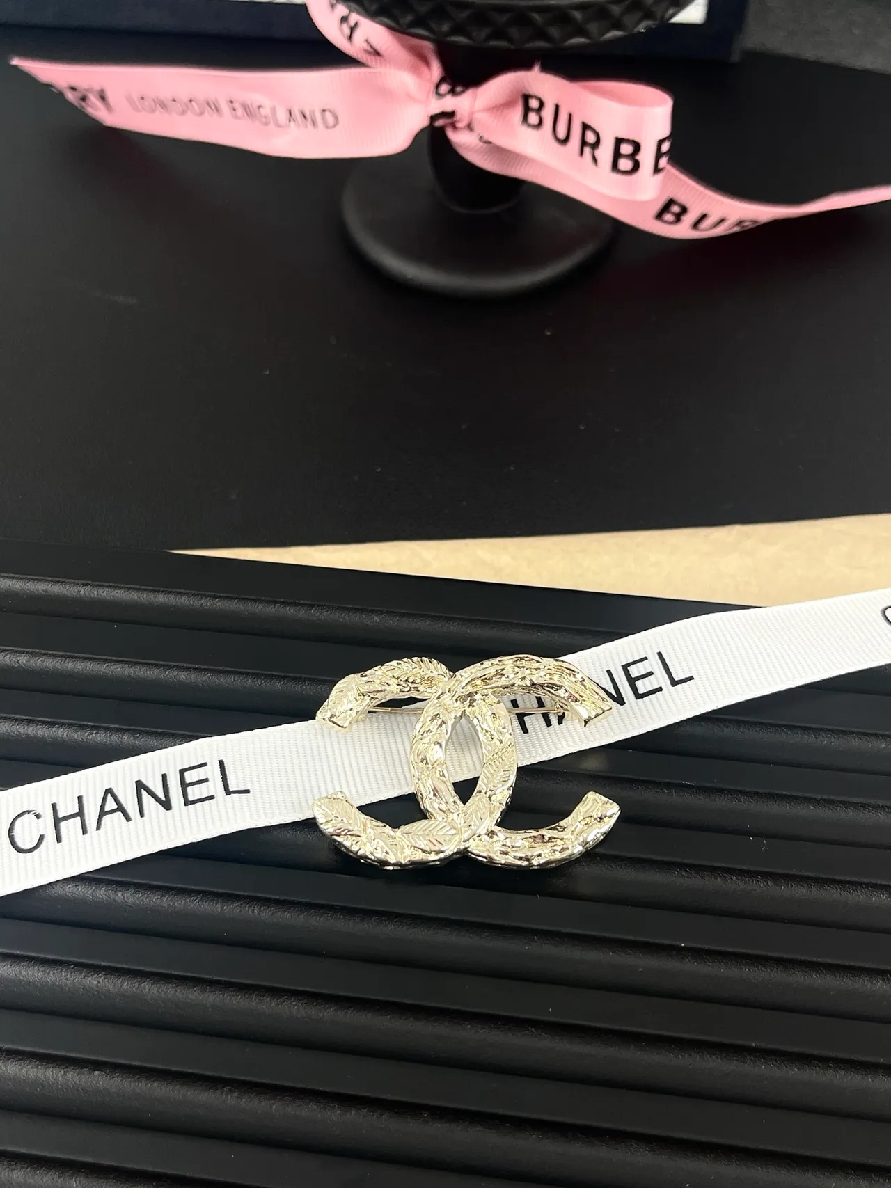Chanel Silver Black Textured Relief Interlocking CC Motif Brooch 5
