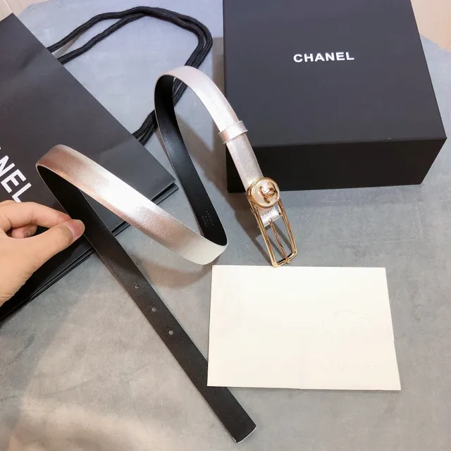 Chanel Silver Black Thin Metallic Exterior Leather Belt 6