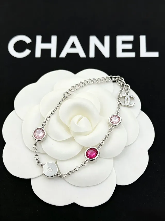 Chanel Silver Pink Chain Link Round Crystal Bezels Bracelet 2