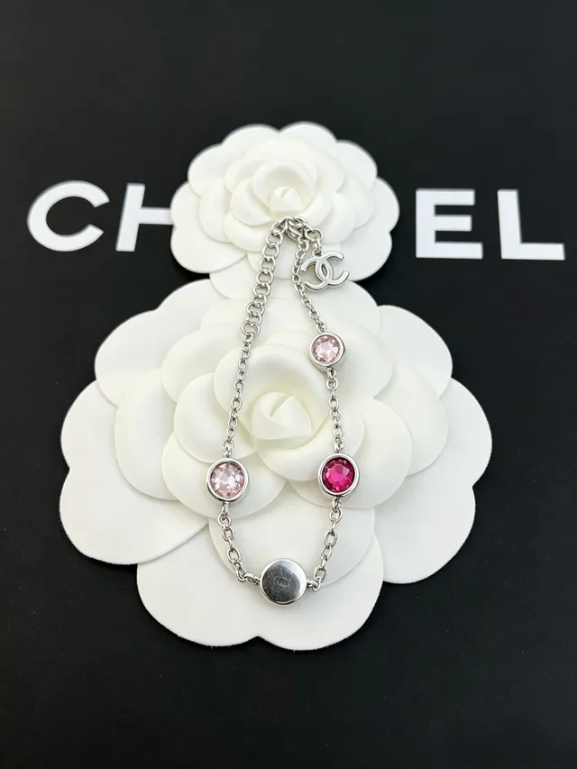 Chanel Silver Pink Chain Link Round Crystal Bezels Bracelet 3