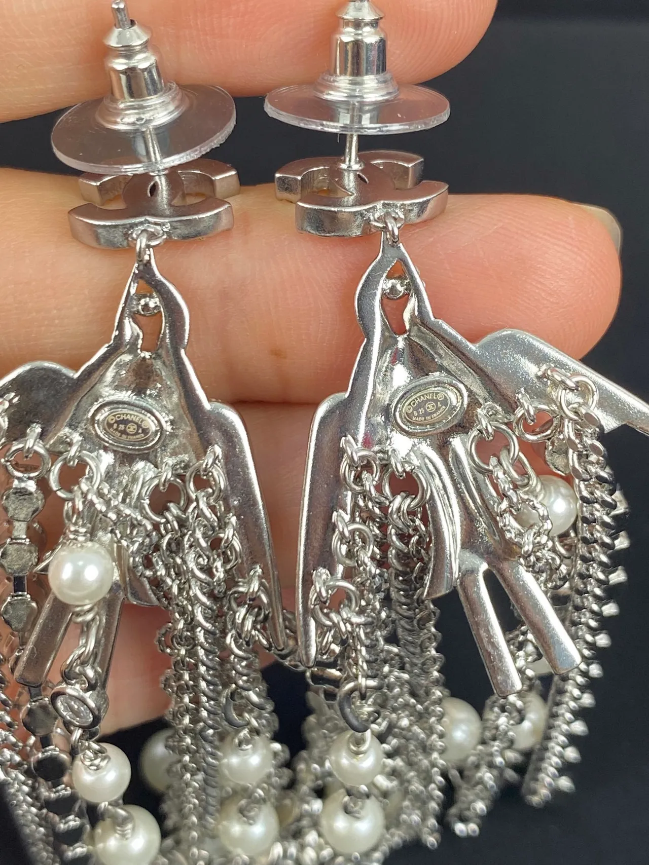 Chanel Silver White Chandelier Fringe Pearl And Crystal Drop Earrings 3
