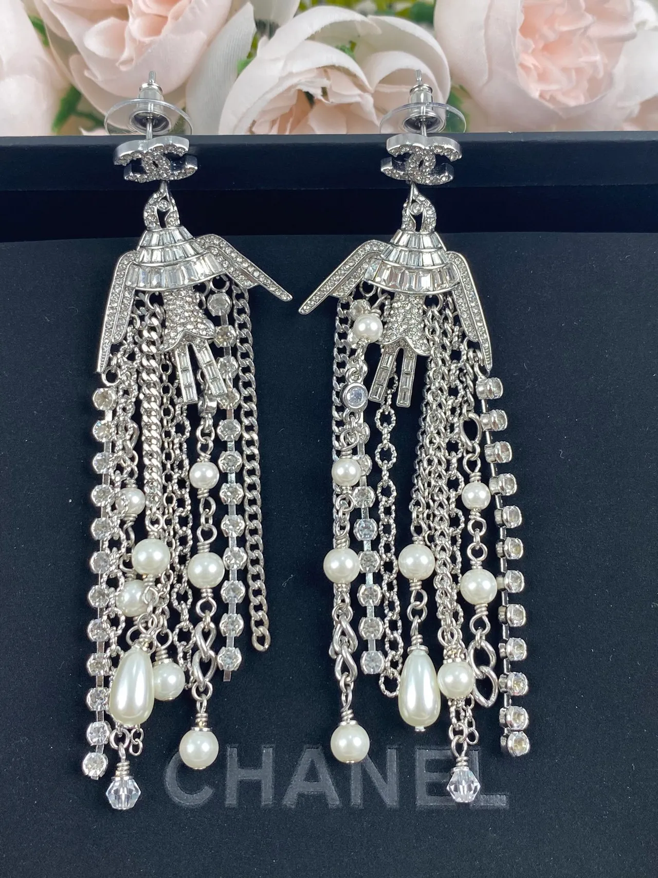 Chanel Silver White Chandelier Fringe Pearl And Crystal Drop Earrings 5