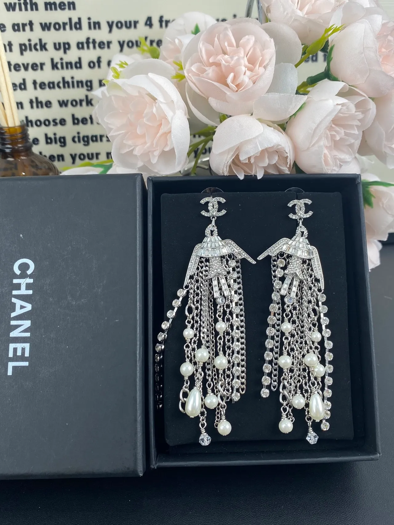 Chanel Silver White Chandelier Fringe Pearl And Crystal Drop Earrings 6