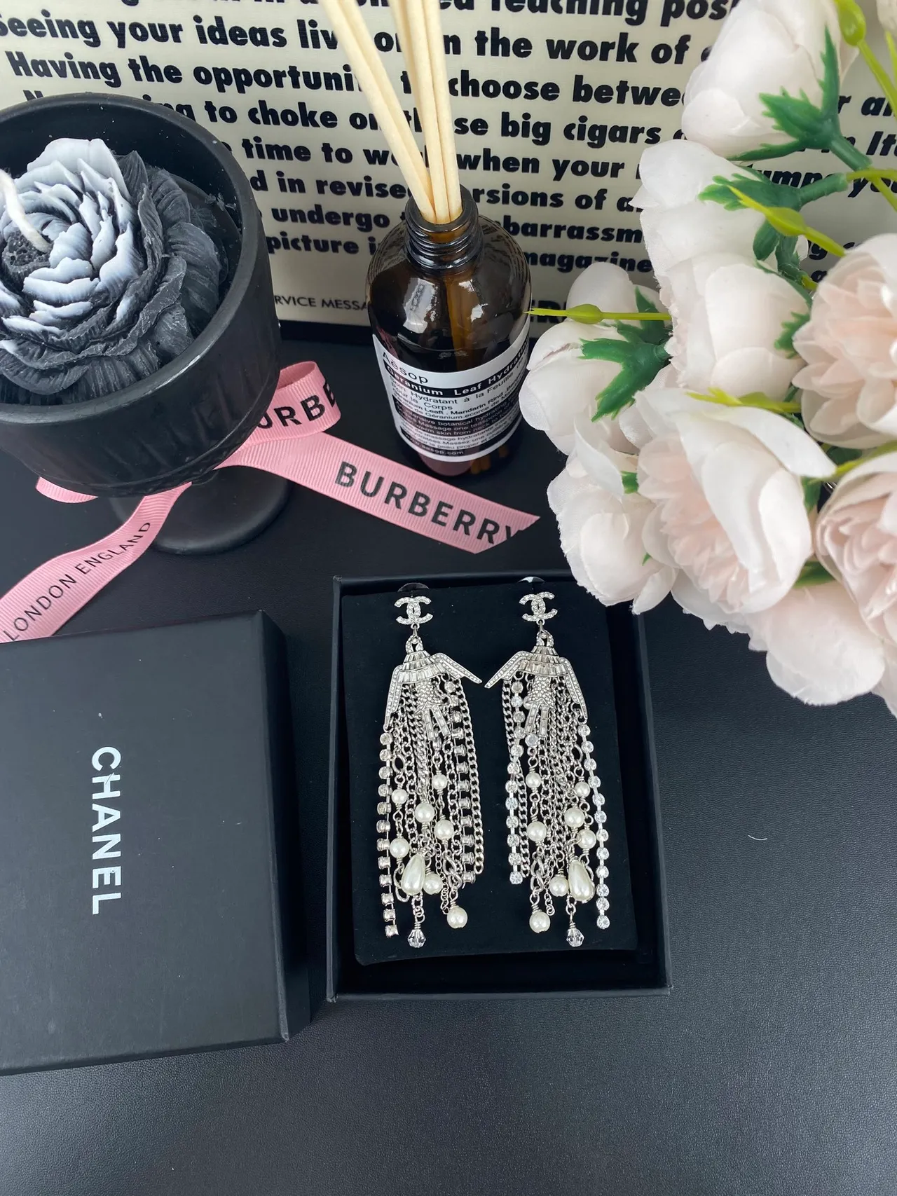 Chanel Silver White Chandelier Fringe Pearl And Crystal Drop Earrings 7